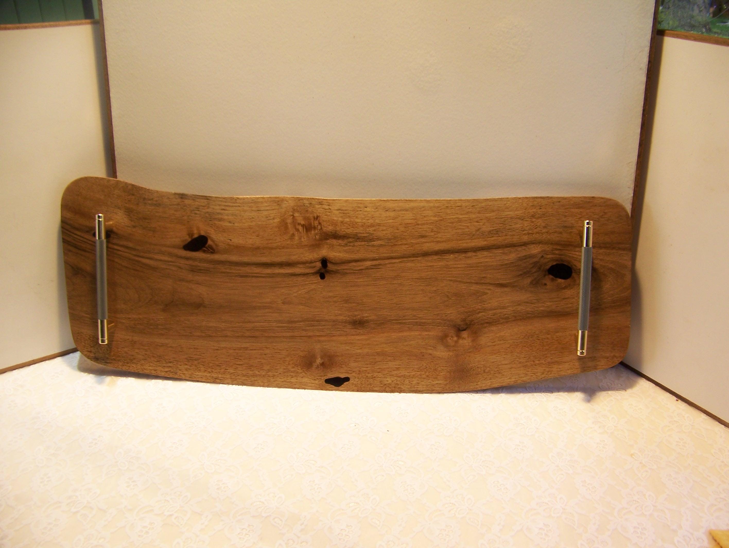 Live Edge Walnut Charcuterie Board with Brass/Grey Knurled Handles.