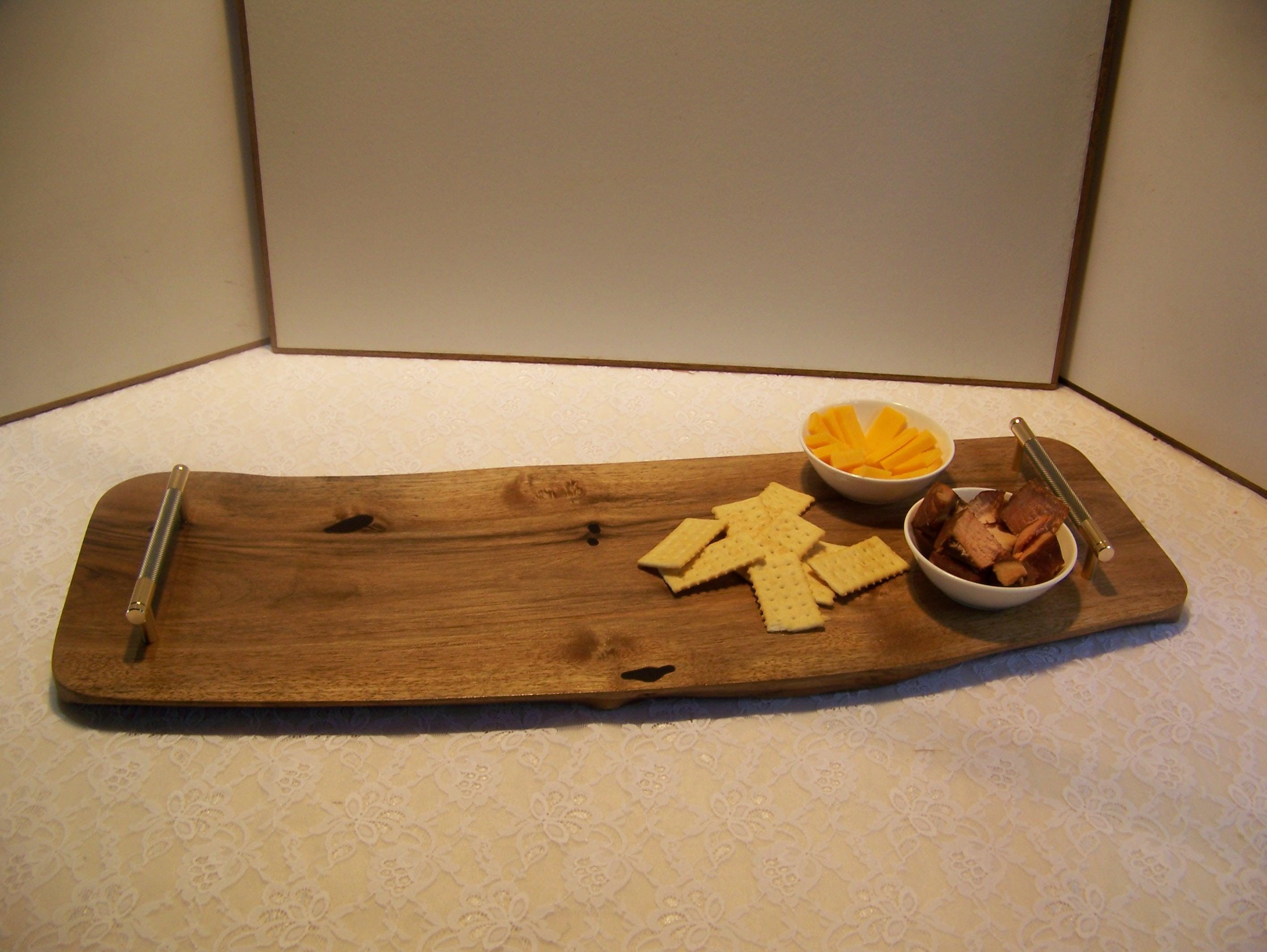 Live Edge Walnut Charcuterie Board with Brass/Grey Knurled Handles.