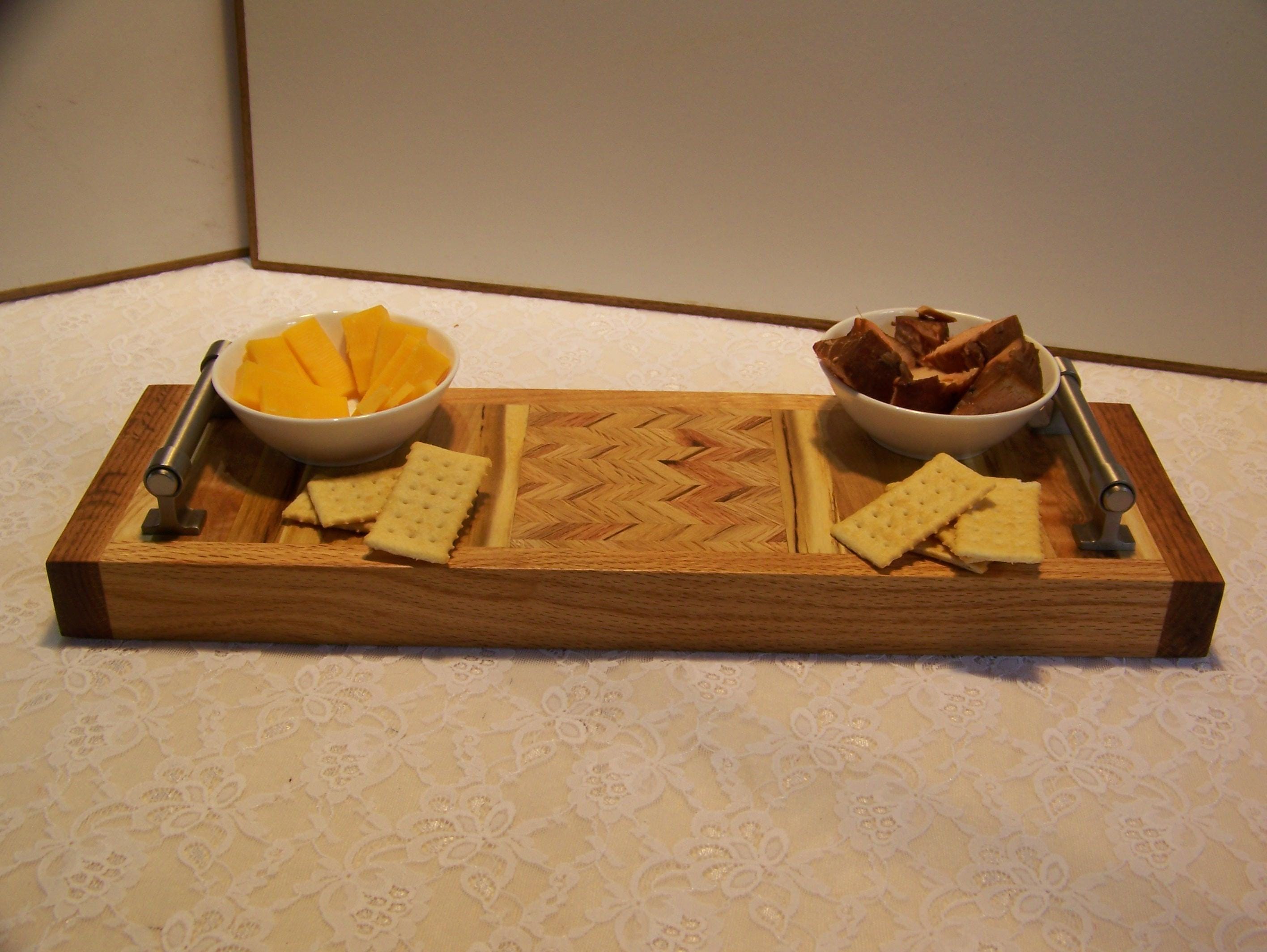 Cheese Board using multiple hardwoods-brushed nickel handles-chevron pattern