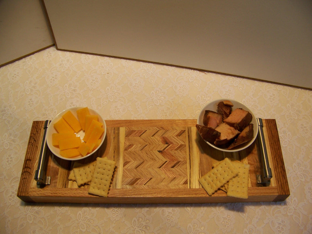 Cheese Board using multiple hardwoods-brushed nickel handles-chevron pattern