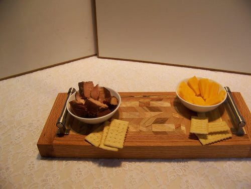 Cheese Board made with multiple hardwoods, brushed nickel handles