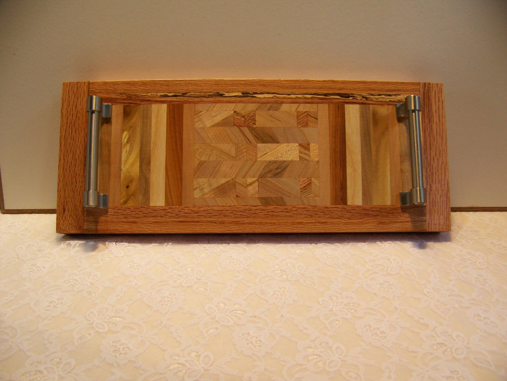 Cheese Board made with multiple hardwoods, brushed nickel handles