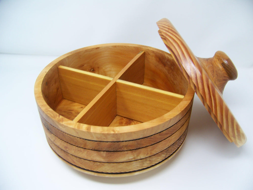 Maple and Douglas Fir Large Covered Bowl with lid and divided separators to divide the bowl.