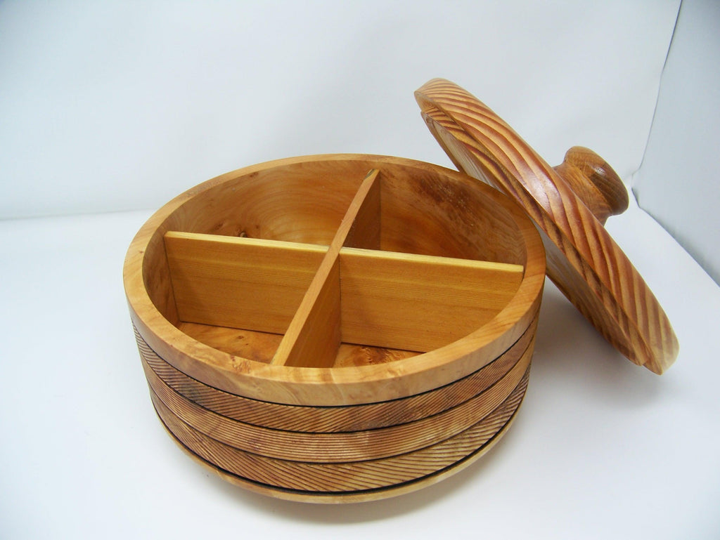 Maple and Douglas Fir Large Covered Bowl with lid and divided separators to divide the bowl.