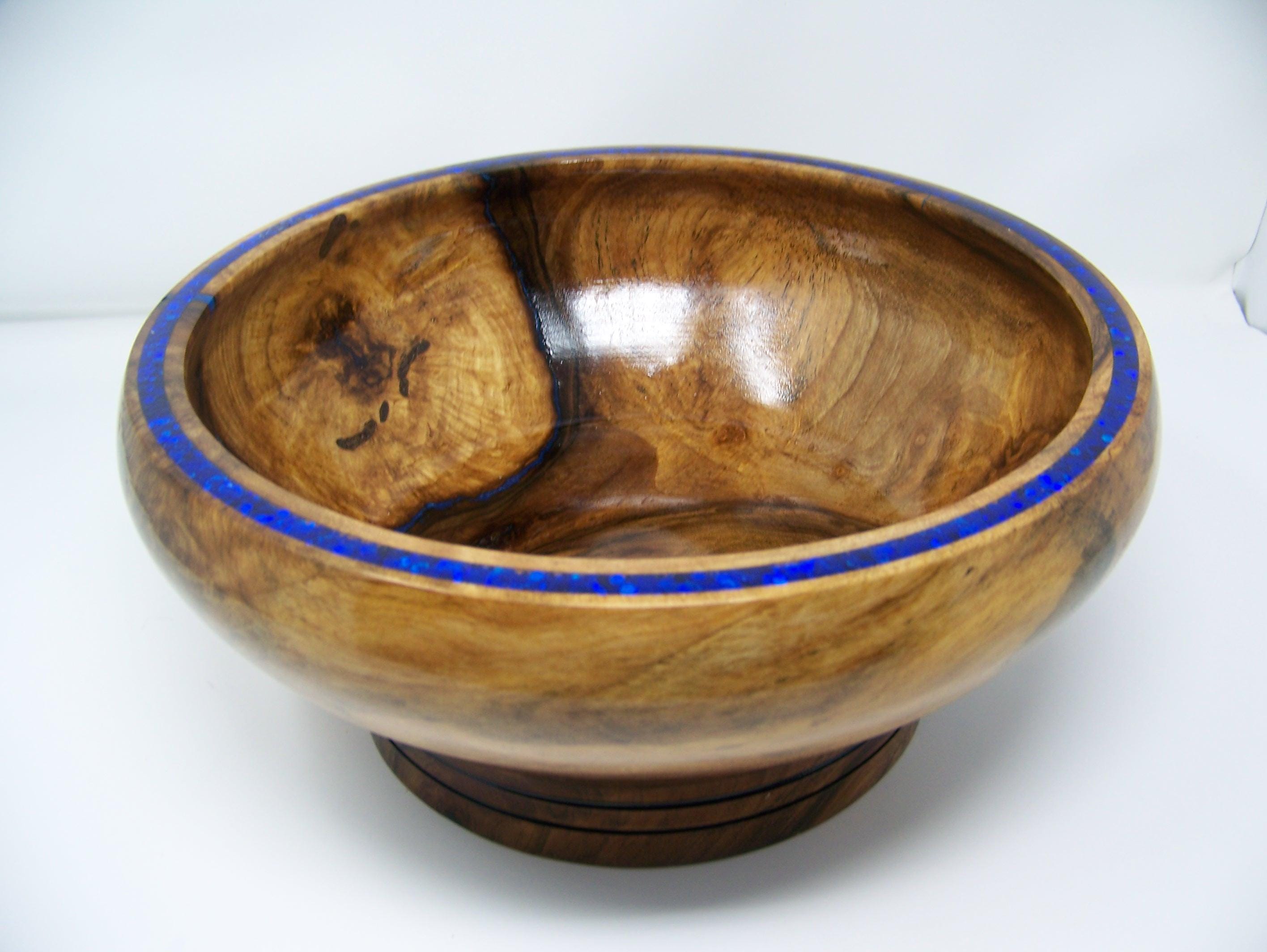 Black Walnut Large Bowl - Epoxy/blue glitter inlaid rim.