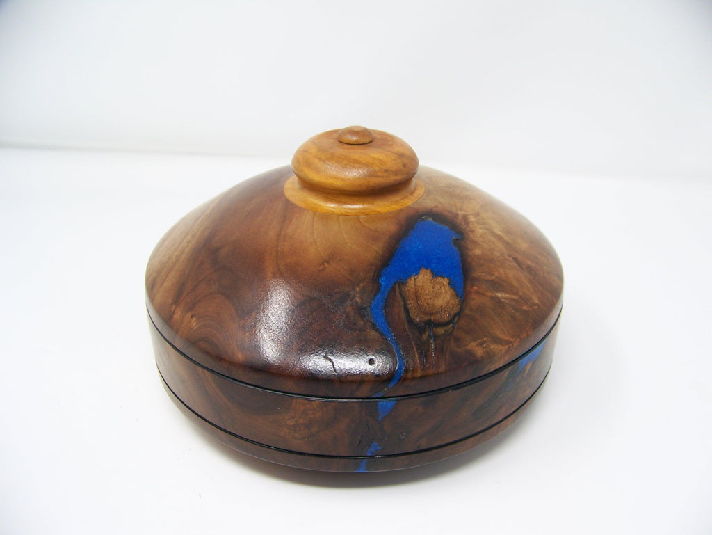 Walnut Covered Bowl - blue epoxy inlay