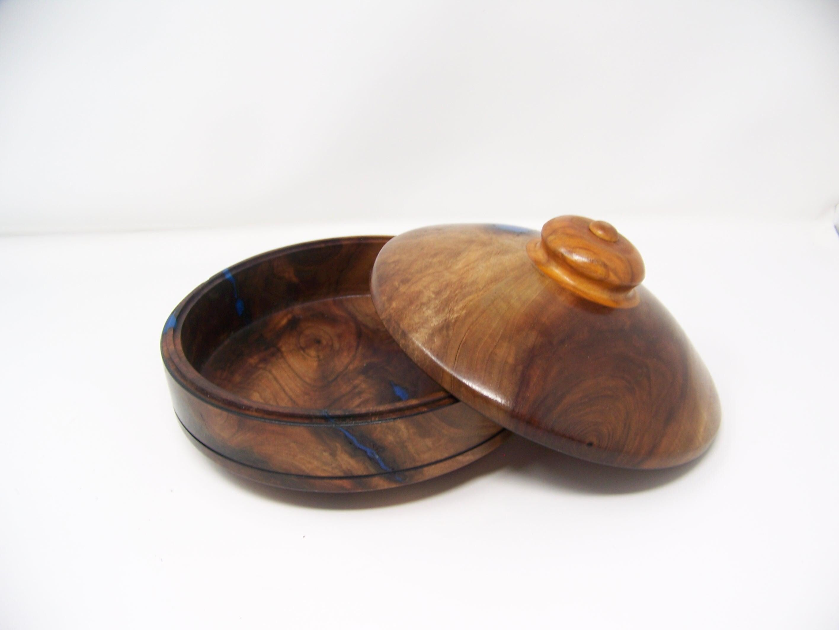 Walnut Covered Bowl - blue epoxy inlay