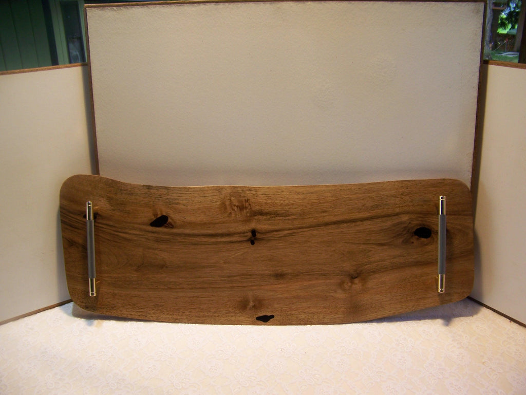Live Edge Walnut Charcuterie Board with Brass/Grey Knurled Handles.
