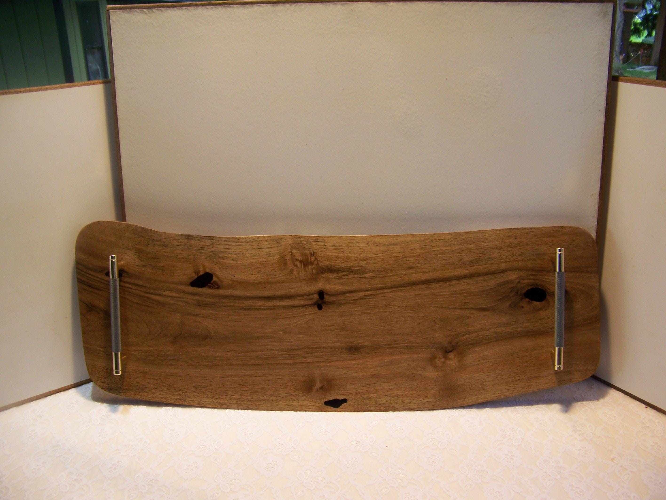 Live Edge Walnut Charcuterie Board with Brass/Grey Knurled Handles.