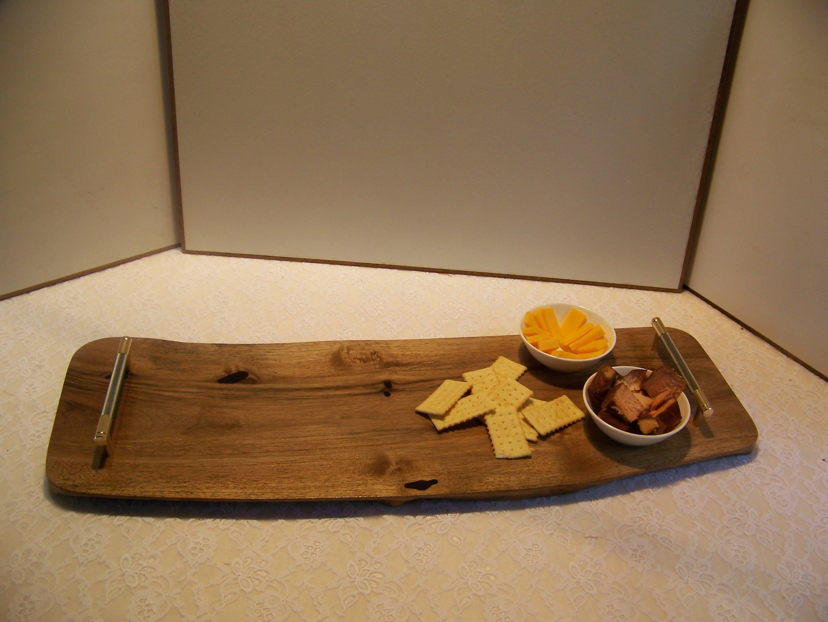 Live Edge Walnut Charcuterie Board with Brass/Grey Knurled Handles.