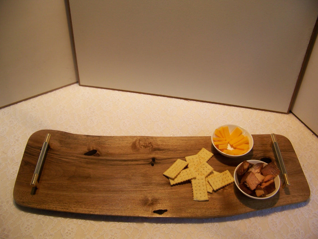 Live Edge Walnut Charcuterie Board with Brass/Grey Knurled Handles.