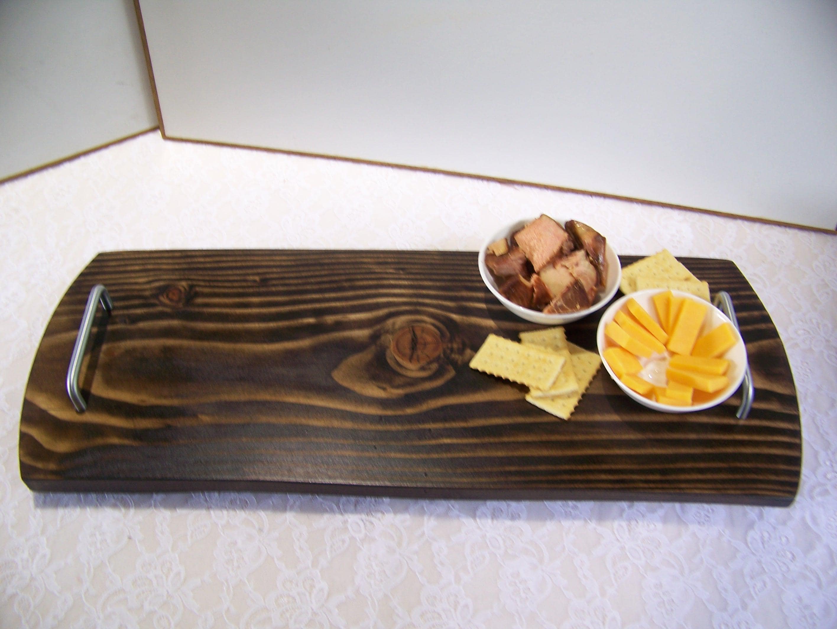 Live Edge Douglas Fir Charcuterie Board with brushed nickel Handles - Dark stain