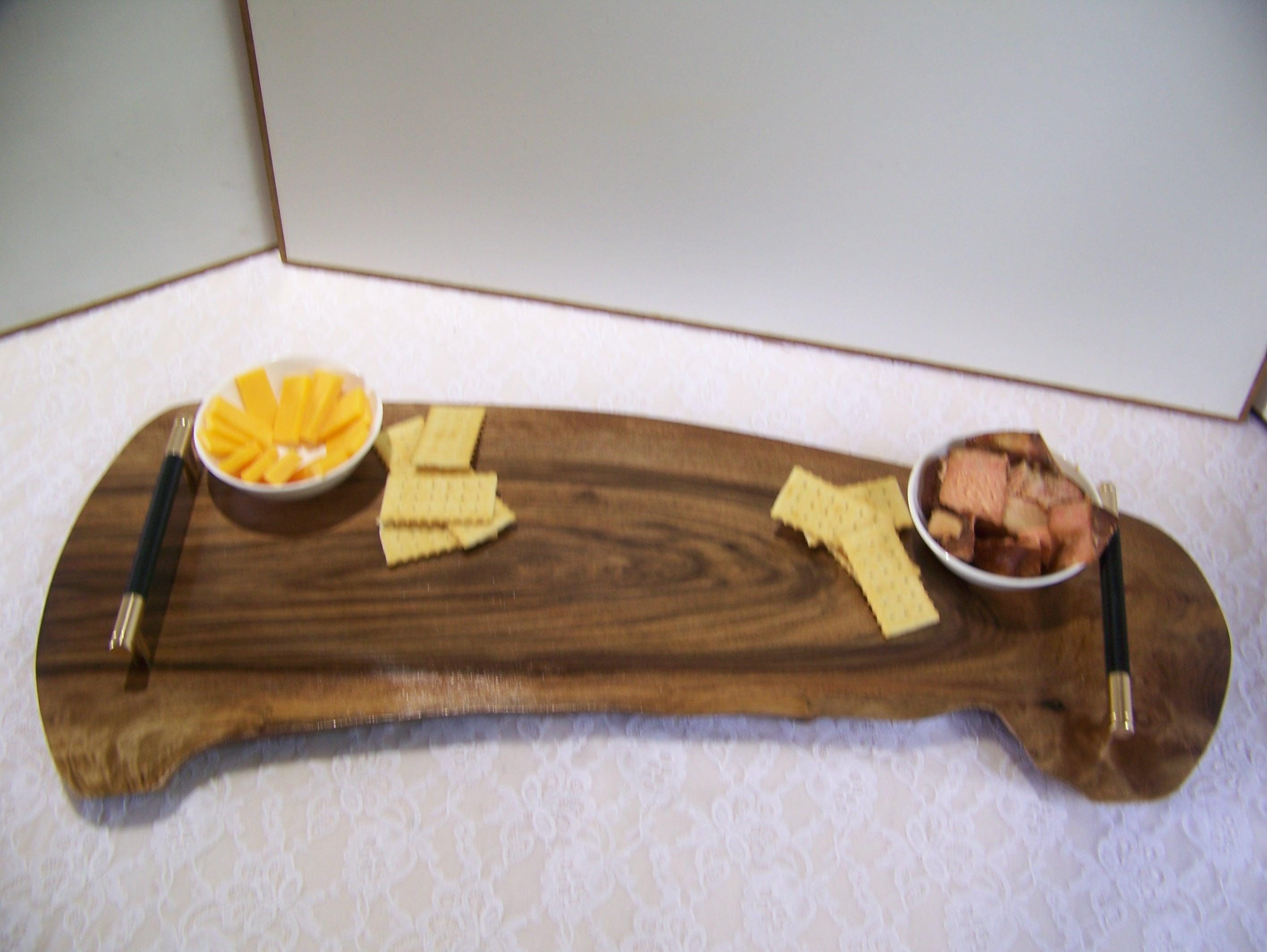 Live Edge Walnut Charcuterie Board with Brass/Black Knurled Handles