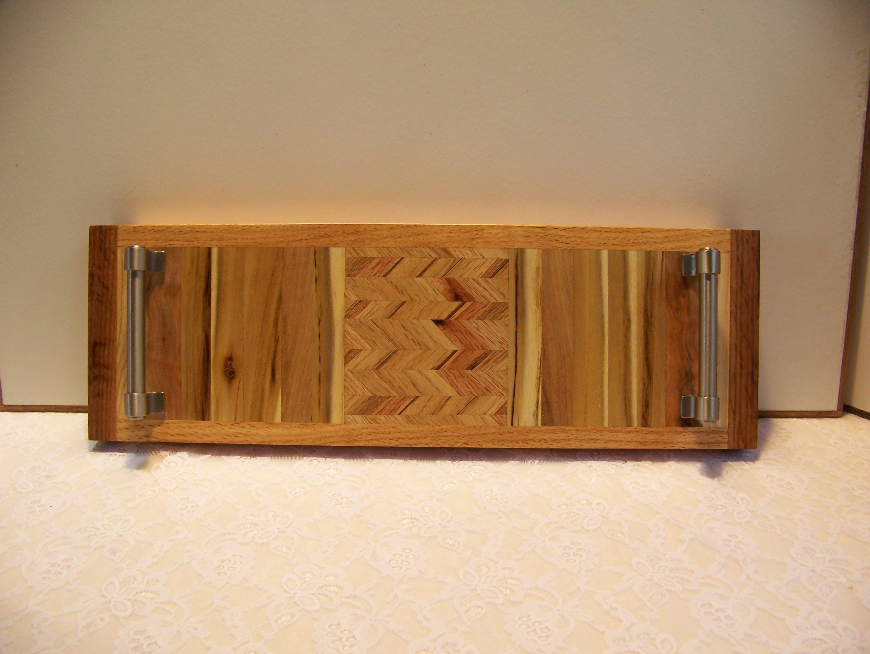 Cheese Board using multiple hardwoods-brushed nickel handles-chevron pattern