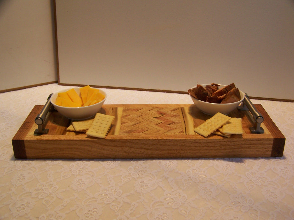 Cheese Board using multiple hardwoods-brushed nickel handles-chevron pattern