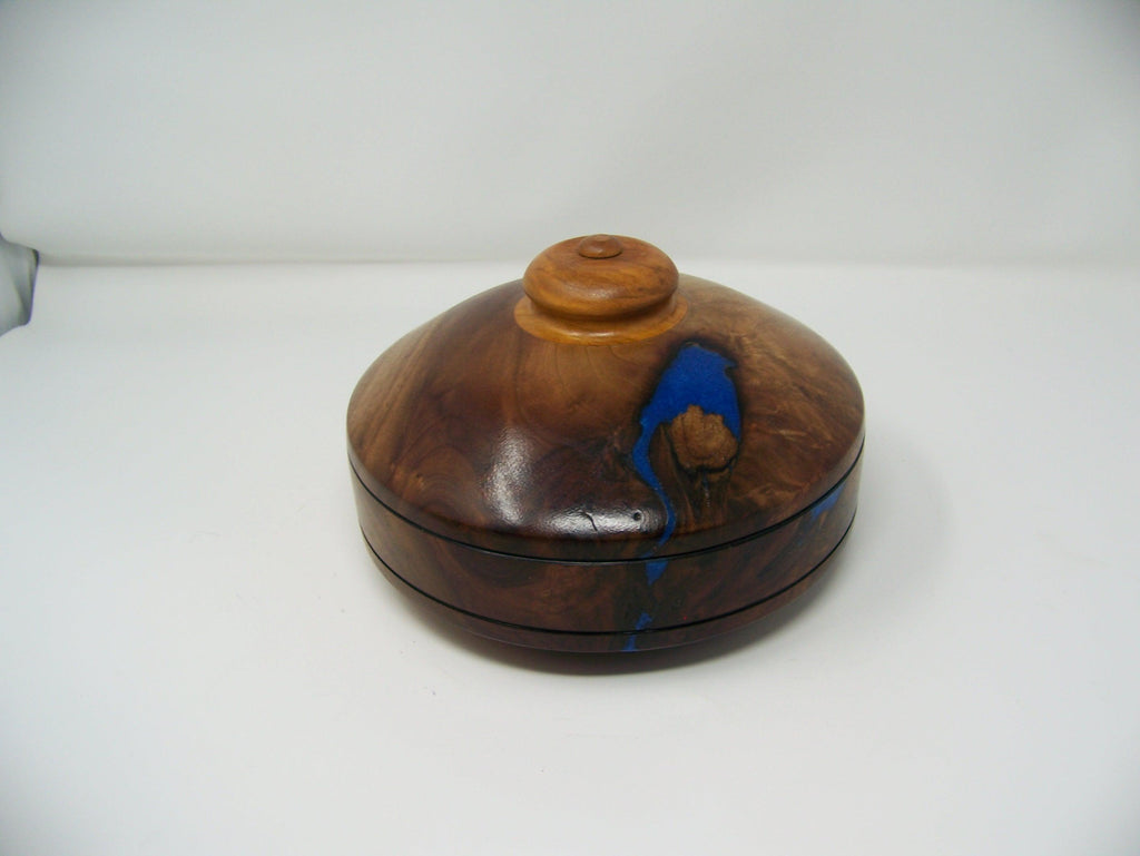 Walnut Covered Bowl - blue epoxy inlay