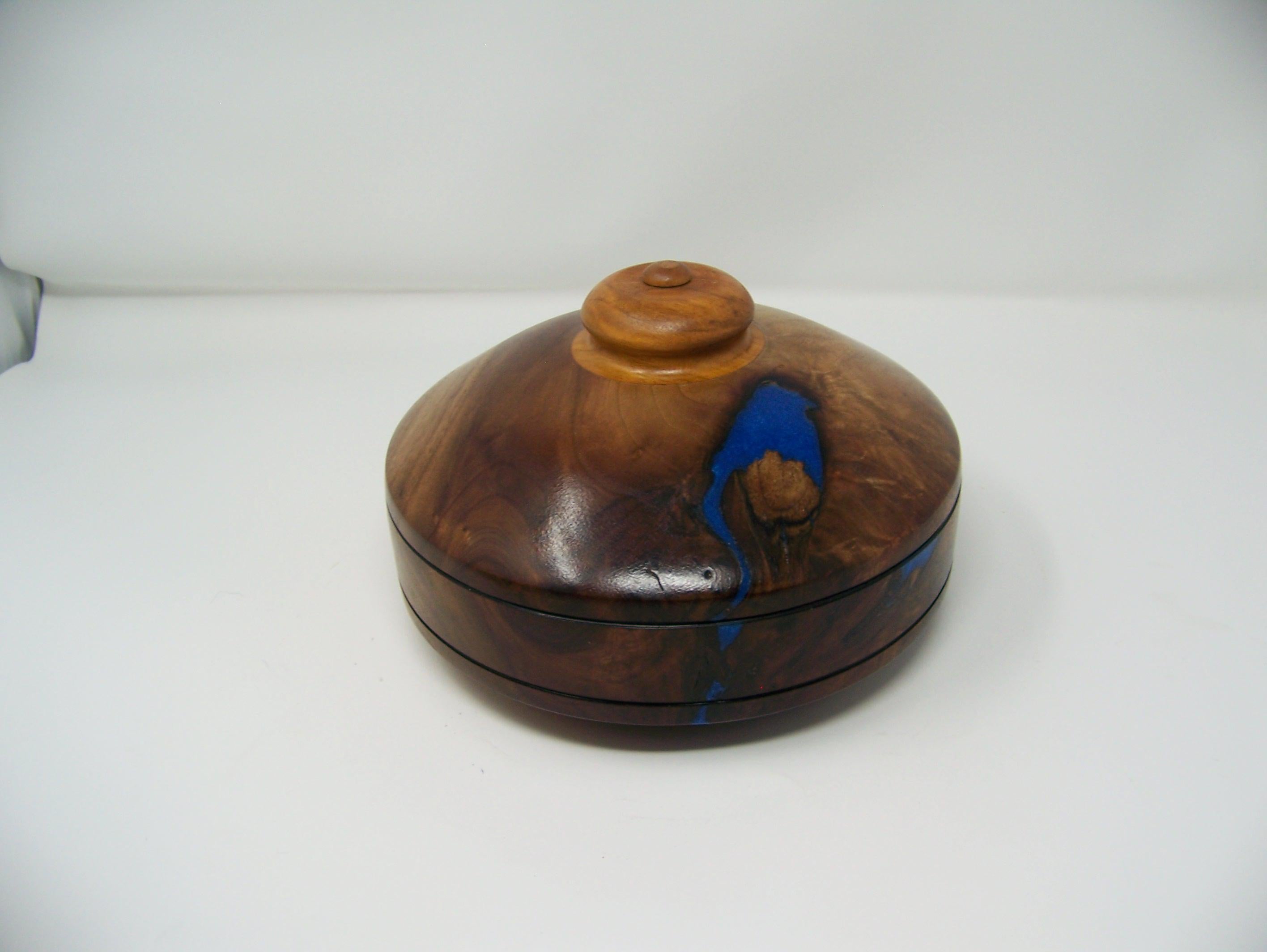 Walnut Covered Bowl - blue epoxy inlay