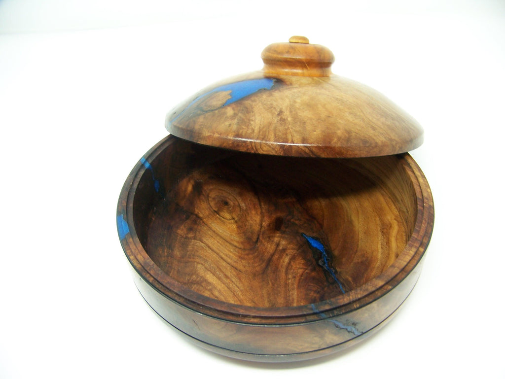 Walnut Covered Bowl - blue epoxy inlay