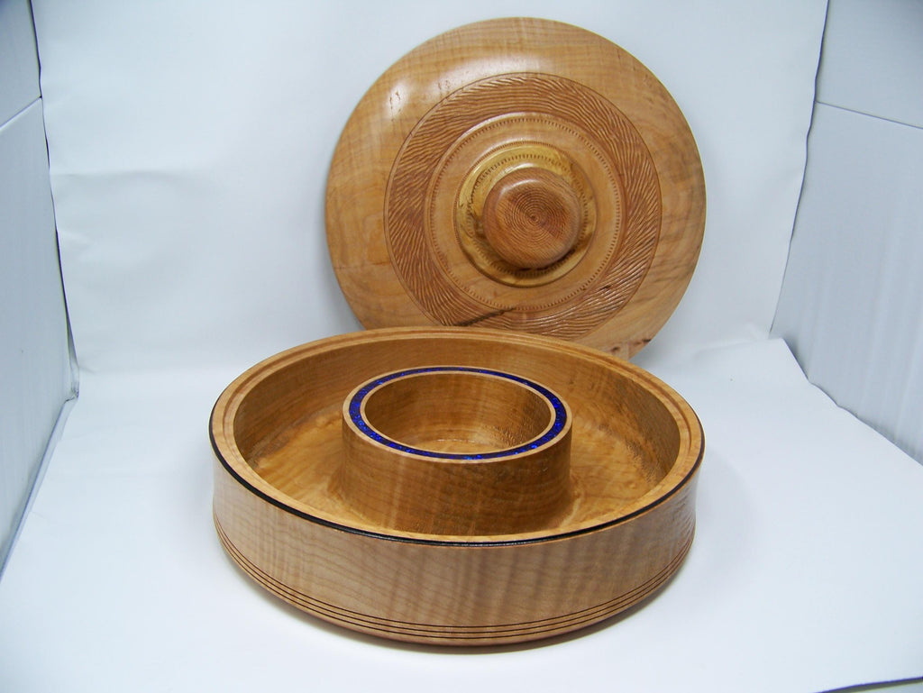 Figured Maple - covered Chip and Dip Bowl with Blue glitter epoxy inlay - detailing - large bowl