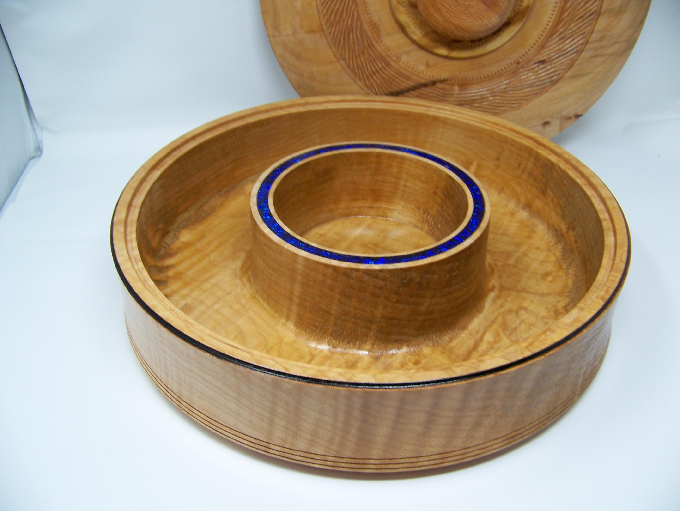 Figured Maple - covered Chip and Dip Bowl with Blue glitter epoxy inlay - detailing - large bowl