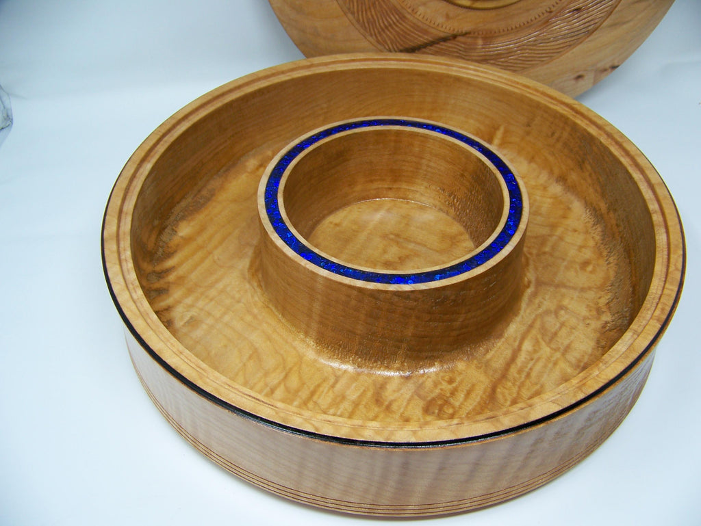 Figured Maple - covered Chip and Dip Bowl with Blue glitter epoxy inlay - detailing - large bowl