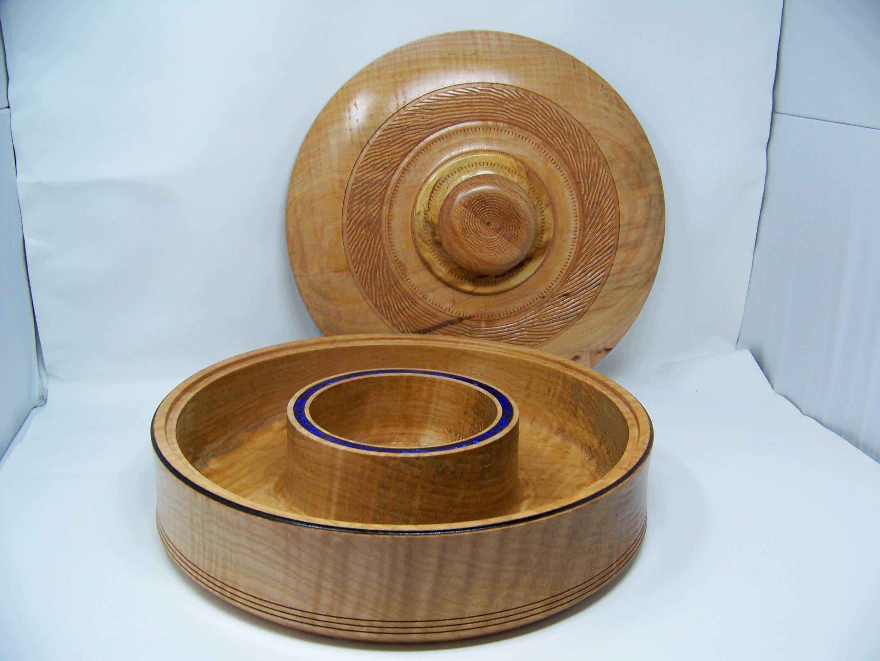 Figured Maple - covered Chip and Dip Bowl with Blue glitter epoxy inlay - detailing - large bowl