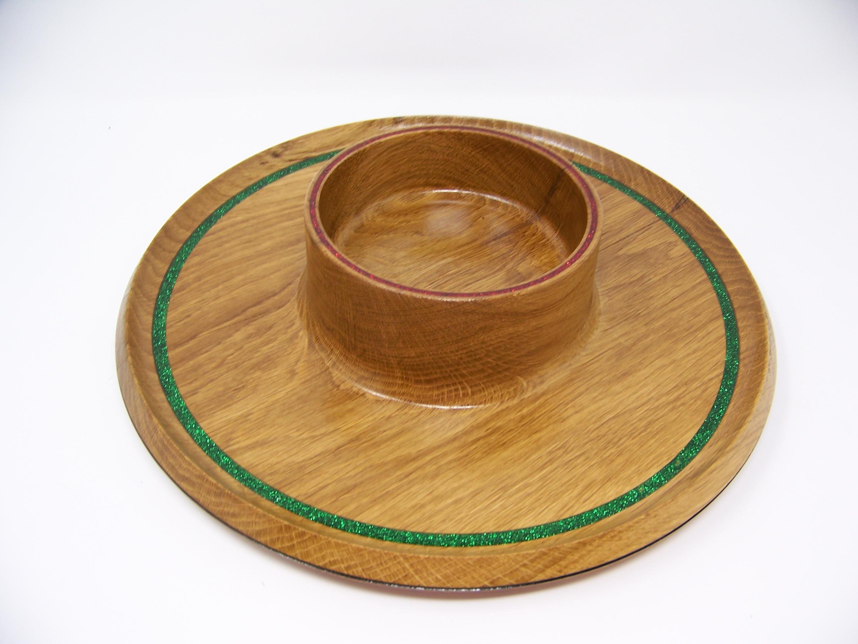Oak - candy dish - serving dish - Christmas accent colors inlayed around rim.