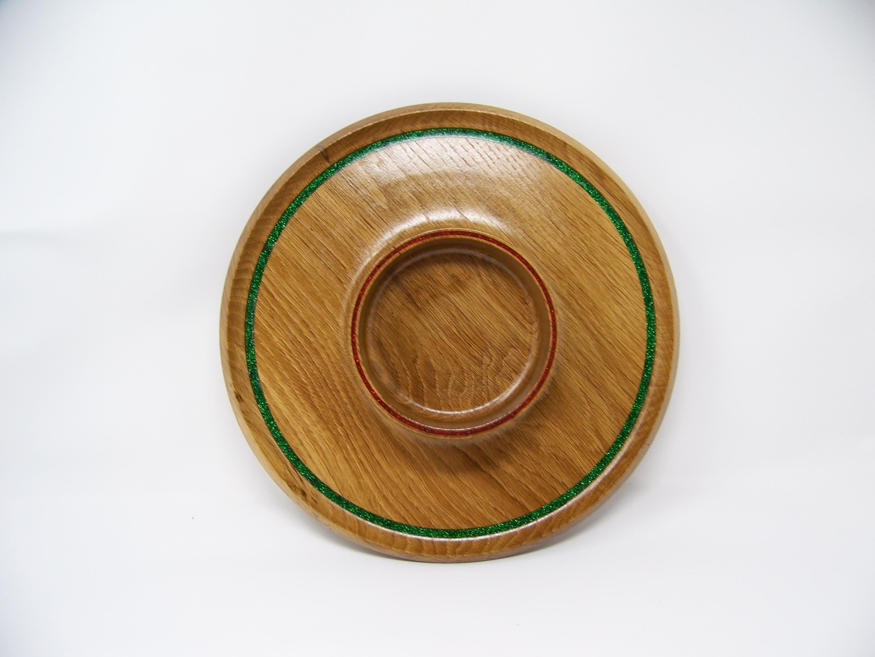 Oak - candy dish - serving dish - Christmas accent colors inlayed around rim.