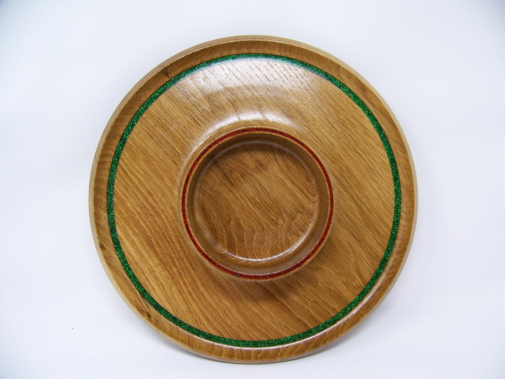 Oak - candy dish - serving dish - Christmas accent colors inlayed around rim.