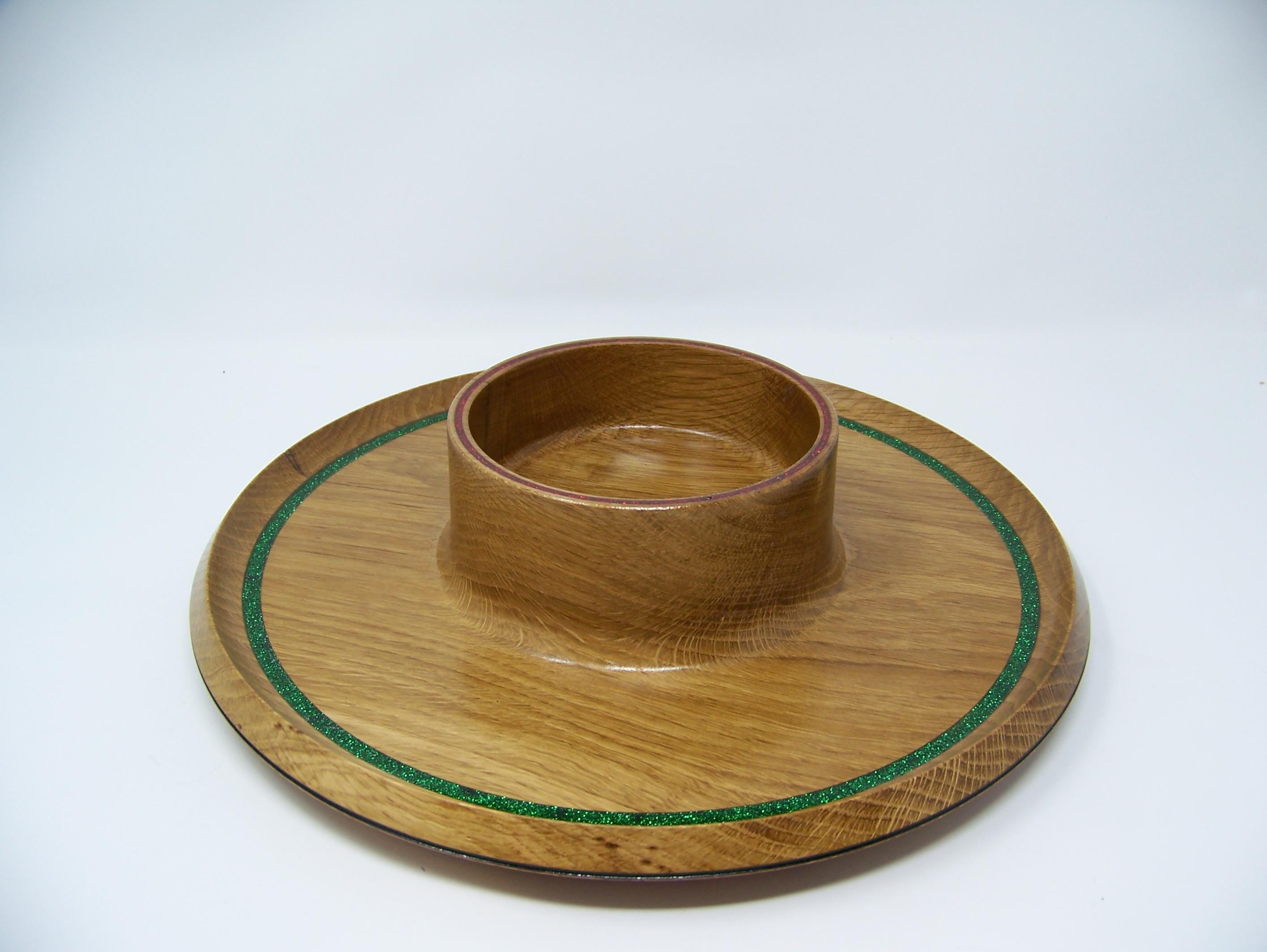Oak - candy dish - serving dish - Christmas accent colors inlayed around rim.