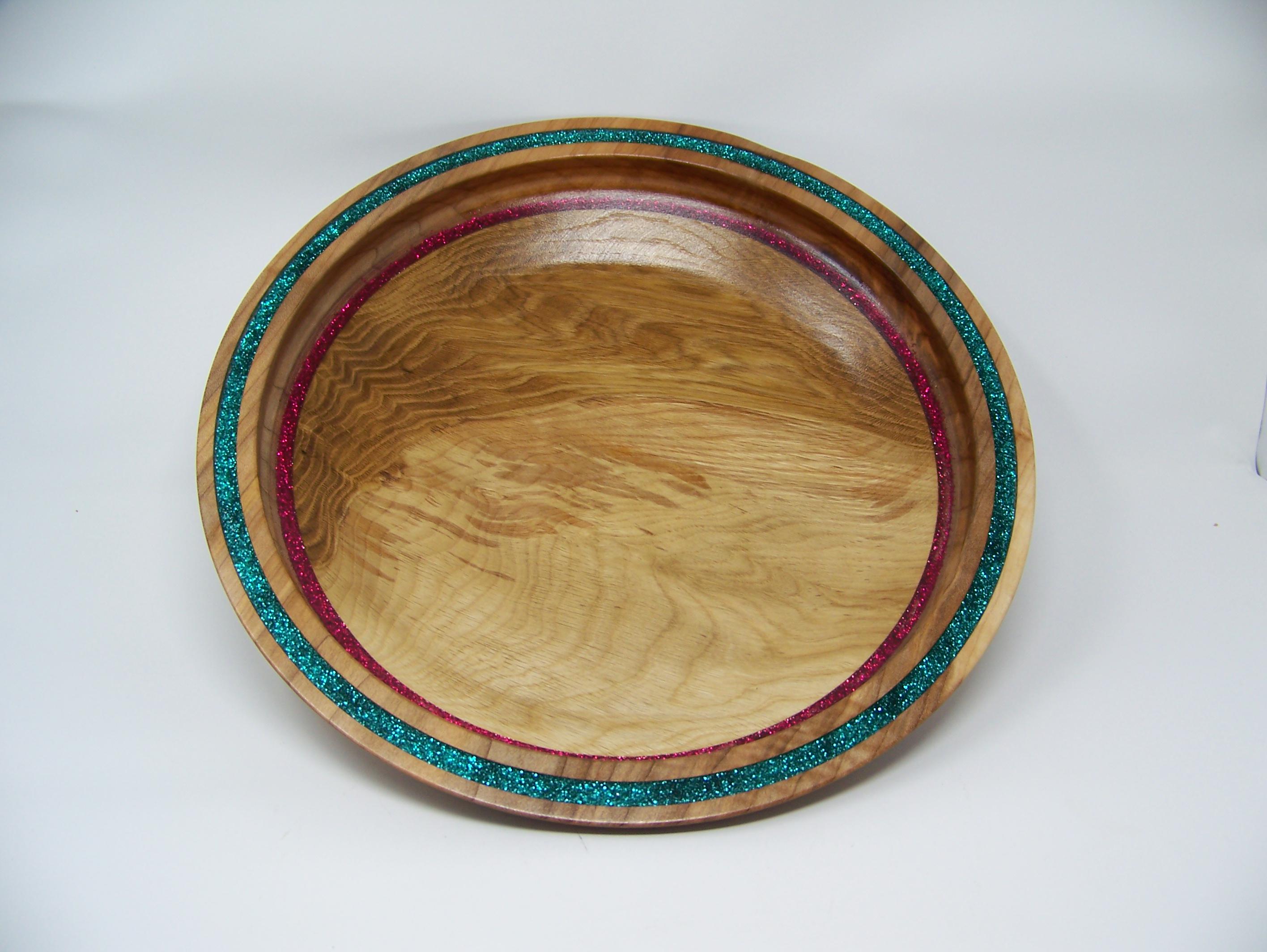 Oak - Platter - Serving Dish with Red and Green Glitter Inlay - Christmas Serving Platter.