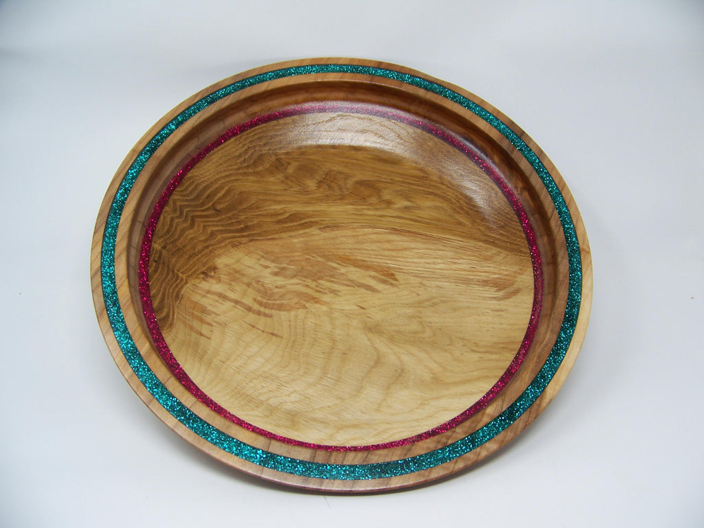 Oak - Platter - Serving Dish with Red and Green Glitter Inlay - Christmas Serving Platter.