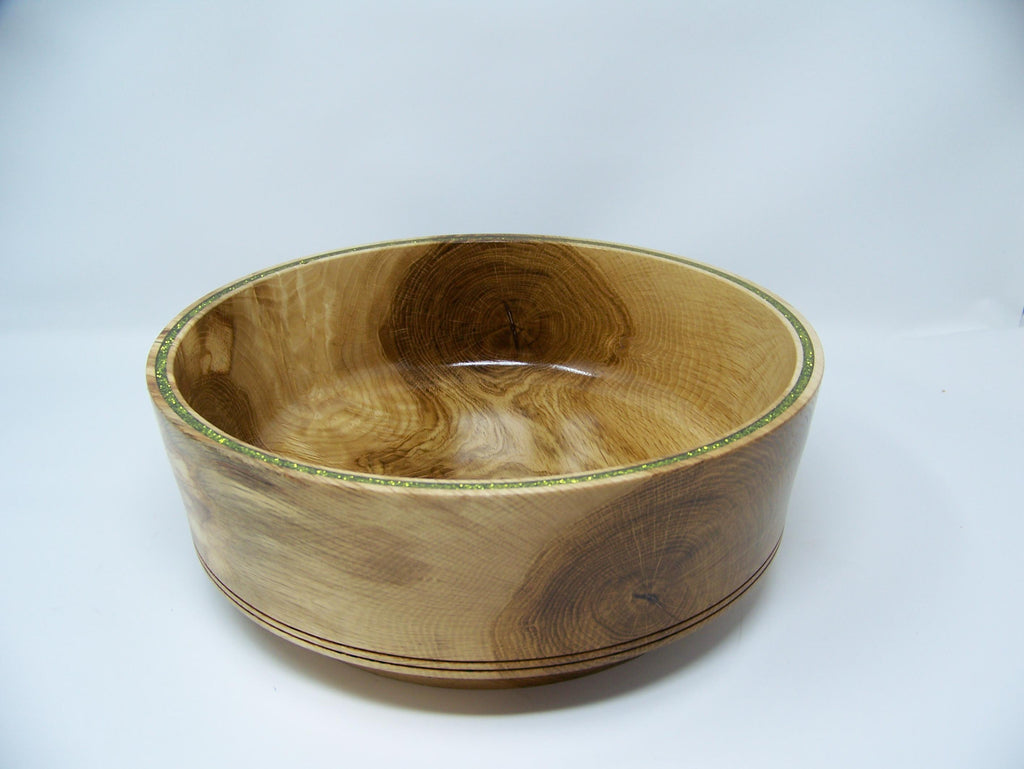 Oak Bowl - Great Salad Bowl - Inlayed with Green glitter inlay.