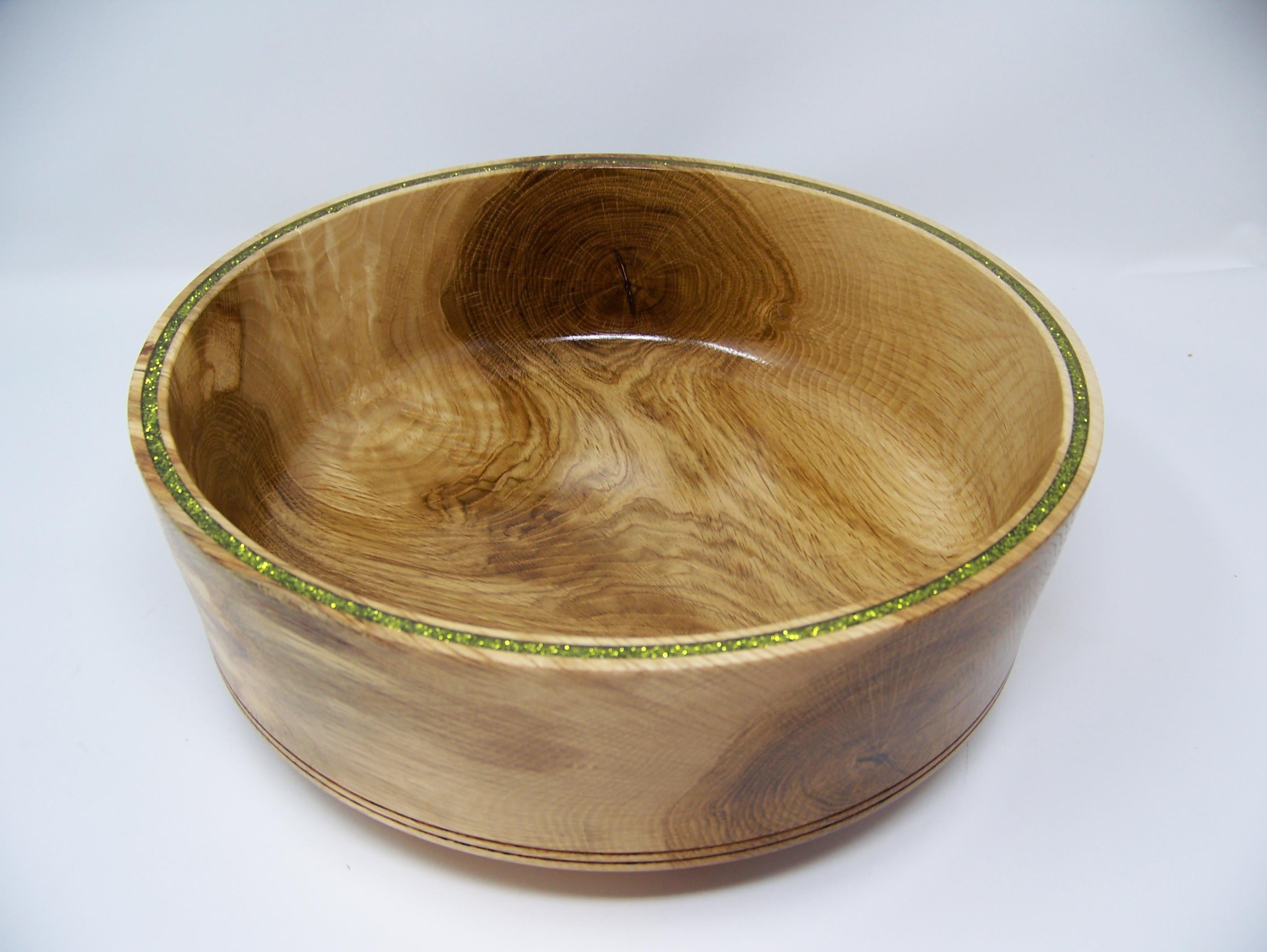 Oak Bowl - Great Salad Bowl - Inlayed with Green glitter inlay.