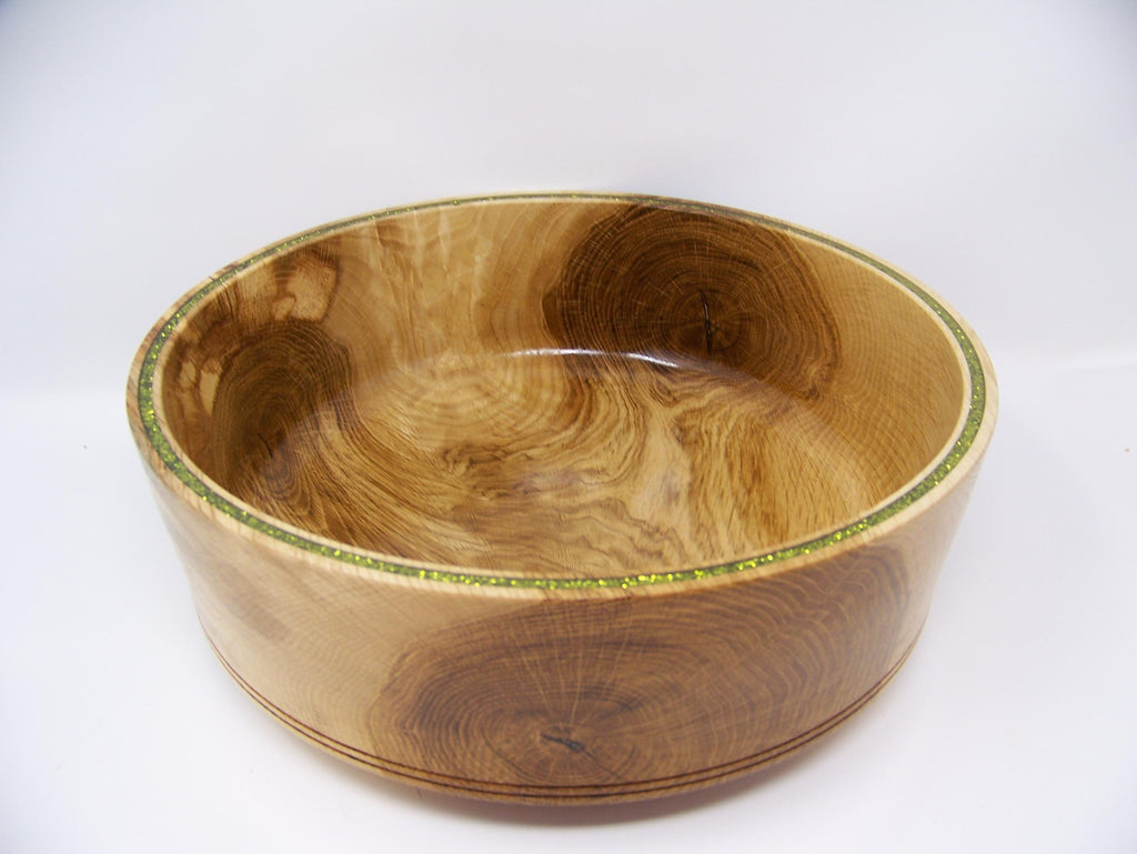 Oak Bowl - Great Salad Bowl - Inlayed with Green glitter inlay.