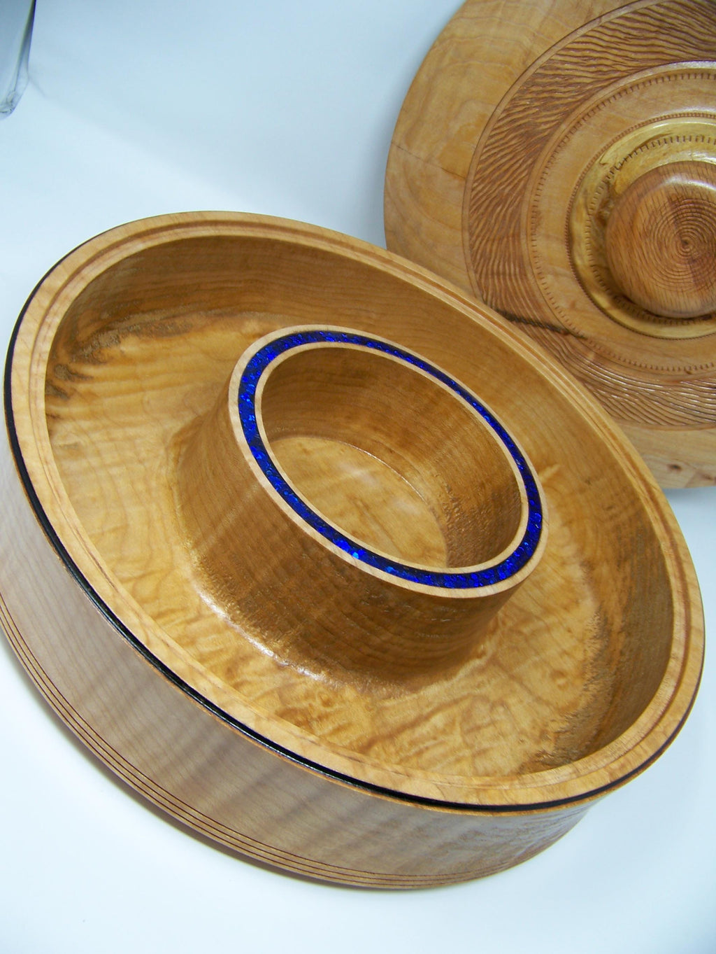 Figured Maple - covered Chip and Dip Bowl with Blue glitter epoxy inlay - detailing - large bowl