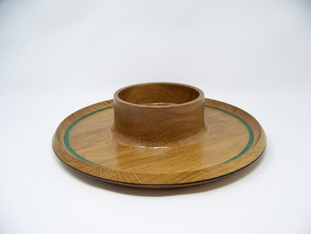 Oak - candy dish - serving dish - Christmas accent colors inlayed around rim.