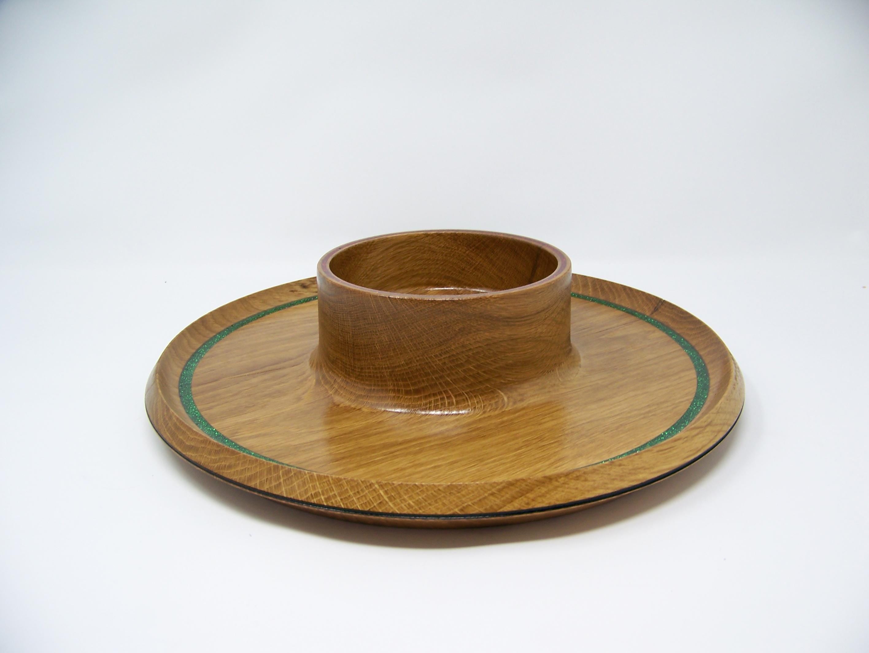 Oak - candy dish - serving dish - Christmas accent colors inlayed around rim.