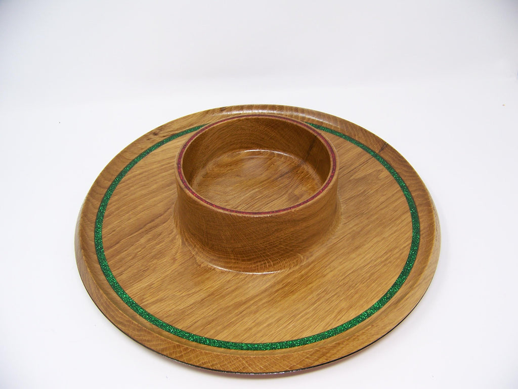 Oak - candy dish - serving dish - Christmas accent colors inlayed around rim.