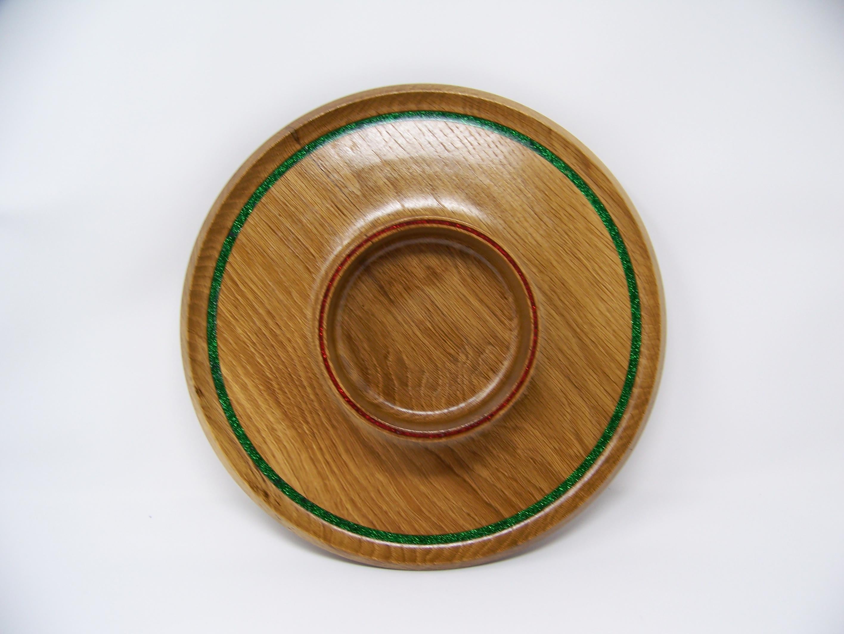 Oak - candy dish - serving dish - Christmas accent colors inlayed around rim.