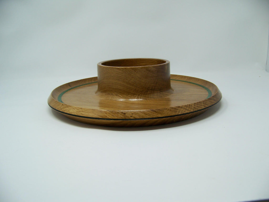 Oak - candy dish - serving dish - Christmas accent colors inlayed around rim.