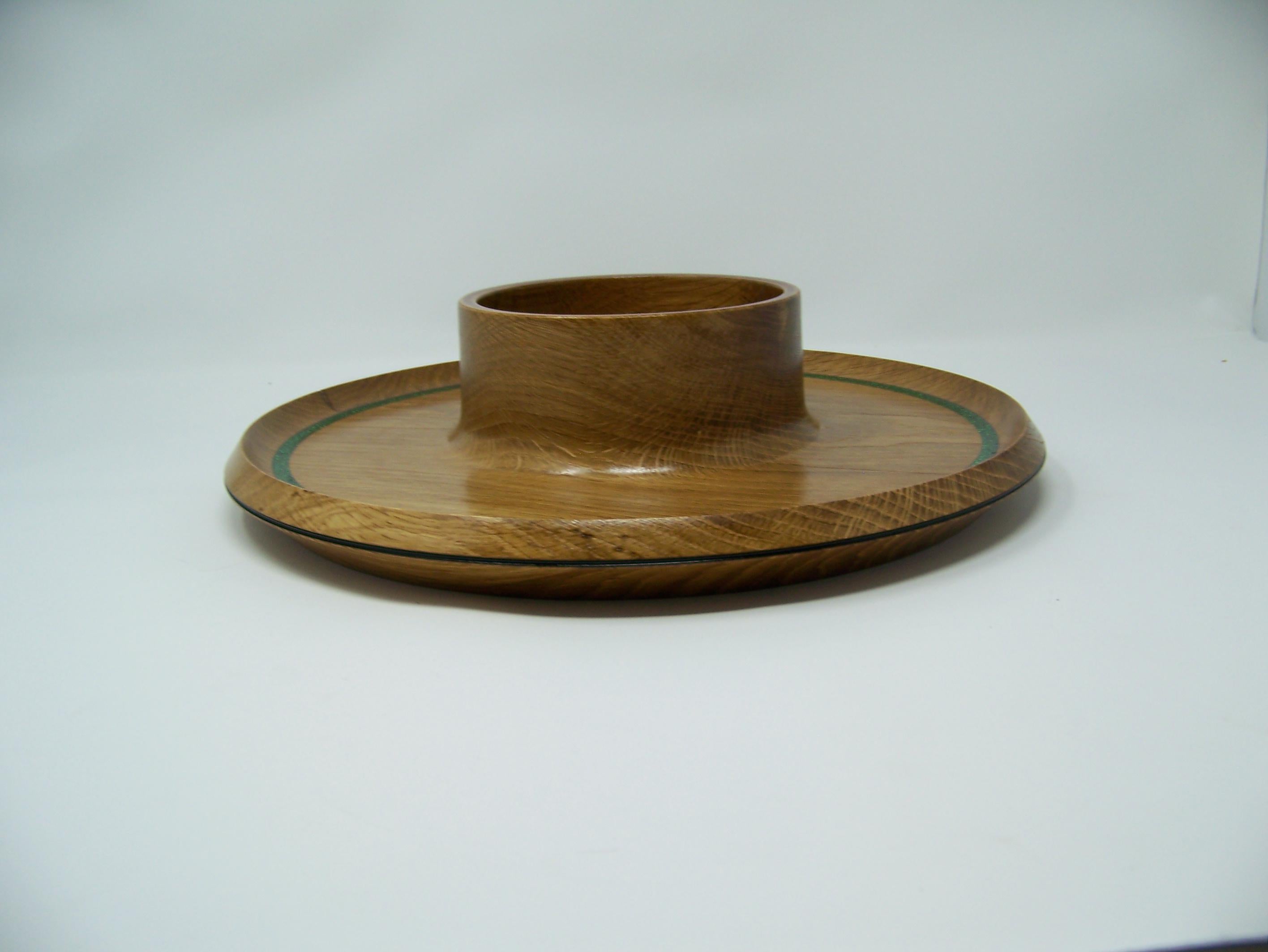 Oak - candy dish - serving dish - Christmas accent colors inlayed around rim.