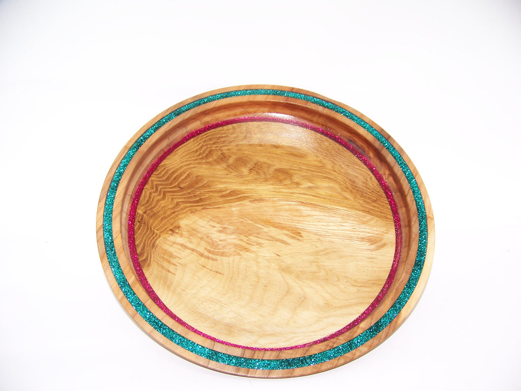 Oak - Platter - Serving Dish with Red and Green Glitter Inlay - Christmas Serving Platter.