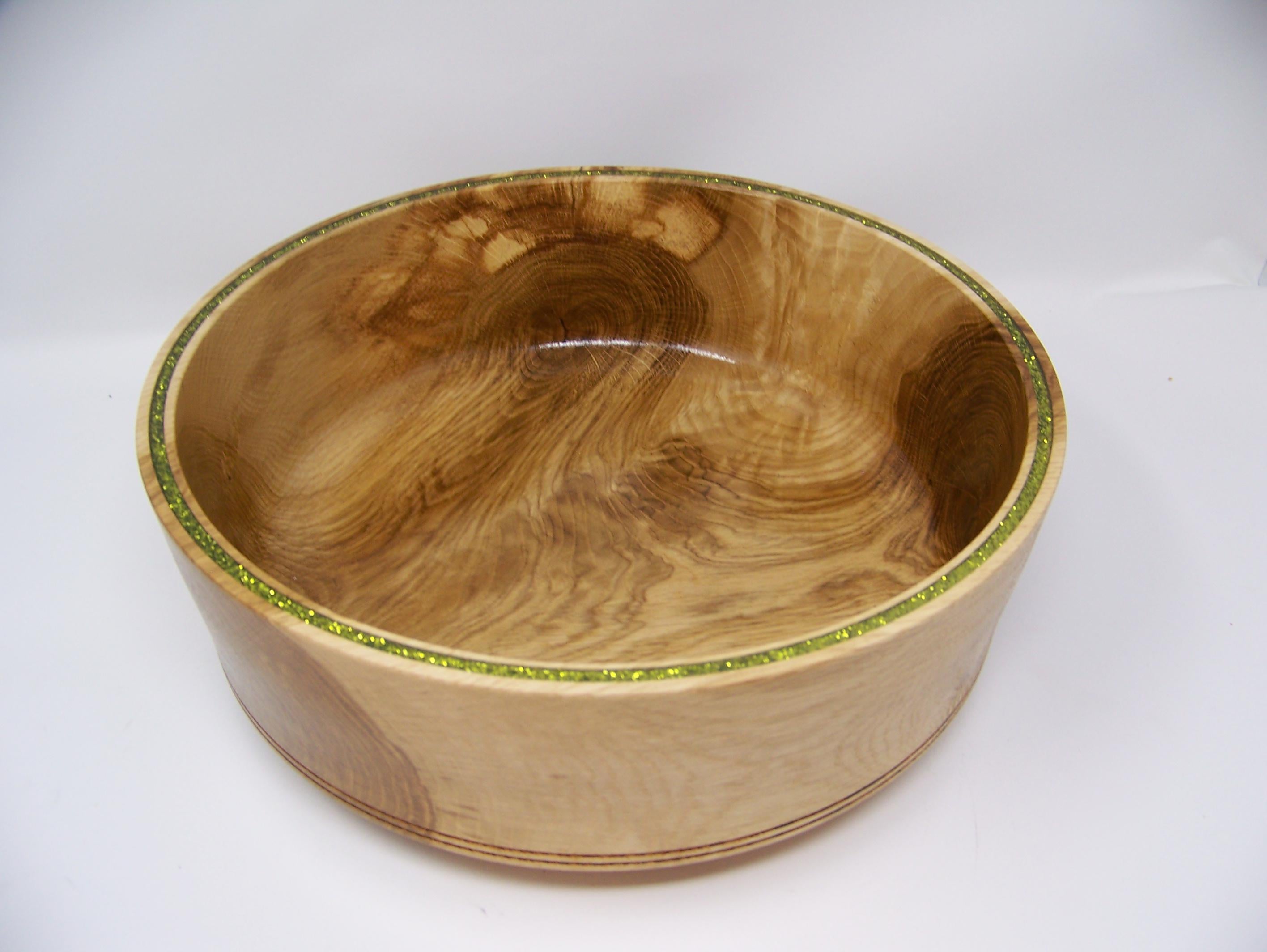 Oak Bowl - Great Salad Bowl - Inlayed with Green glitter inlay.