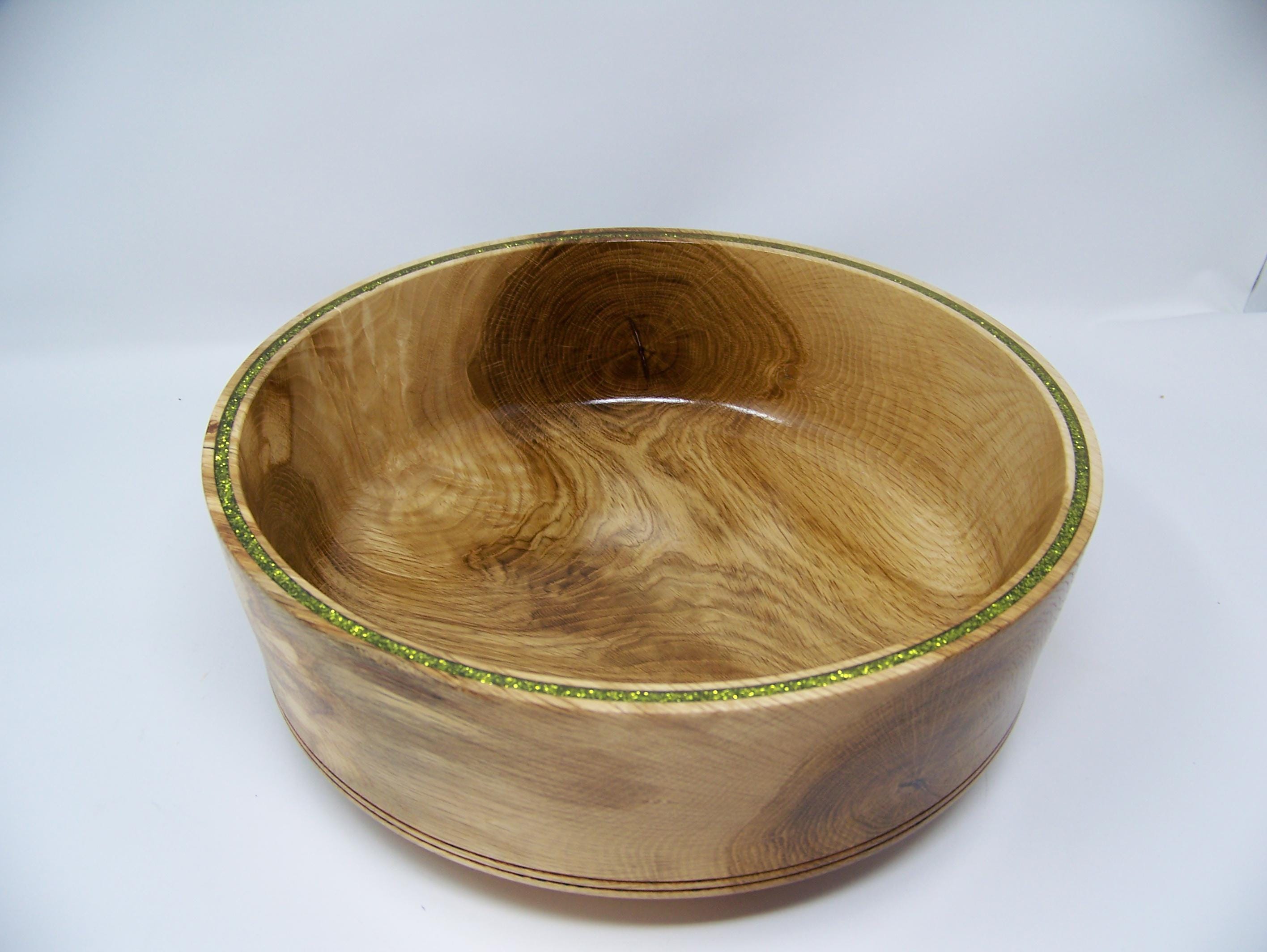 Oak Bowl - Great Salad Bowl - Inlayed with Green glitter inlay.